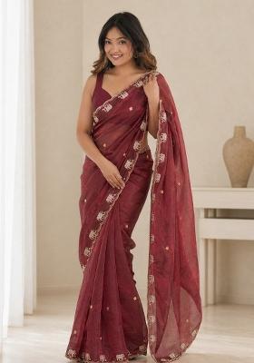 Maroon Embroidered Satin Saree Set