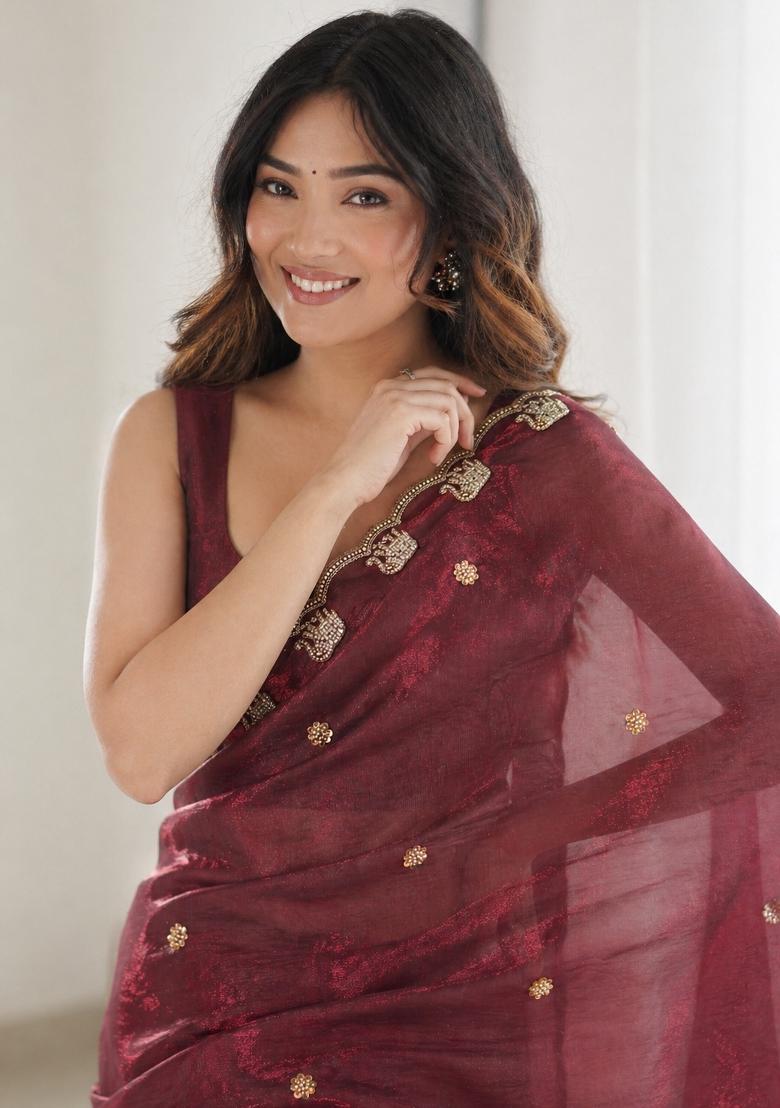 Maroon Embroidered Satin Saree Set - Indya