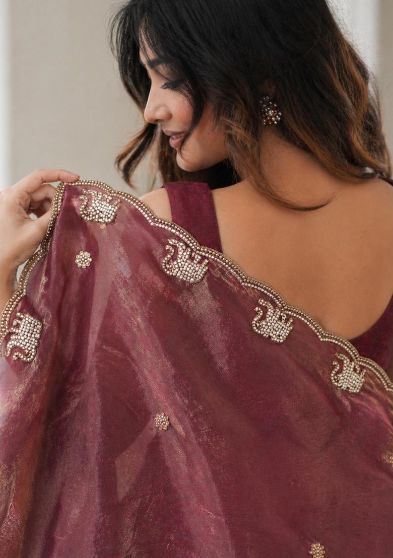 Maroon Embroidered Satin Saree Set - Indya
