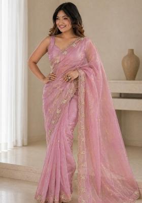 Lavender Embroidered Satin Saree Set