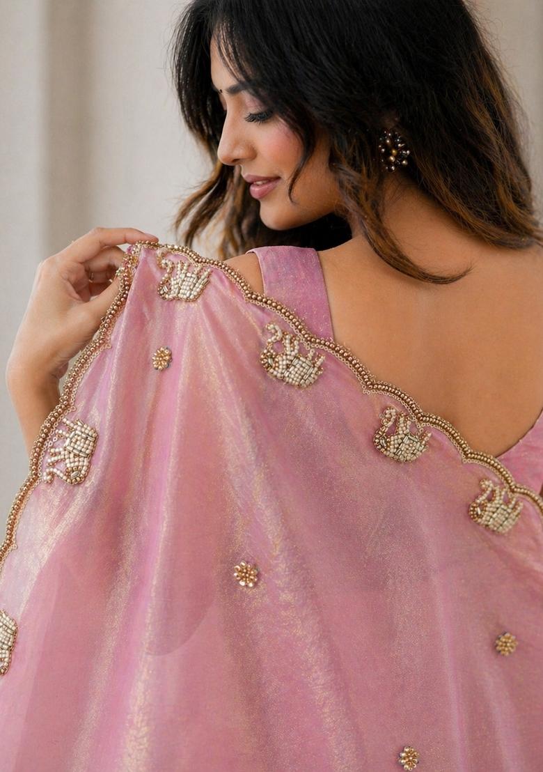 Lavender Embroidered Satin Saree Set - Indya
