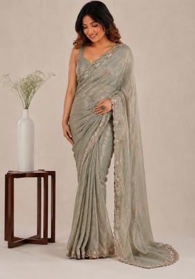 Dusty Pink Embroidered Satin Saree Set