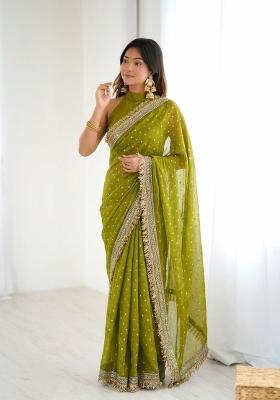Olive Green Lace Border Silk Saree Set