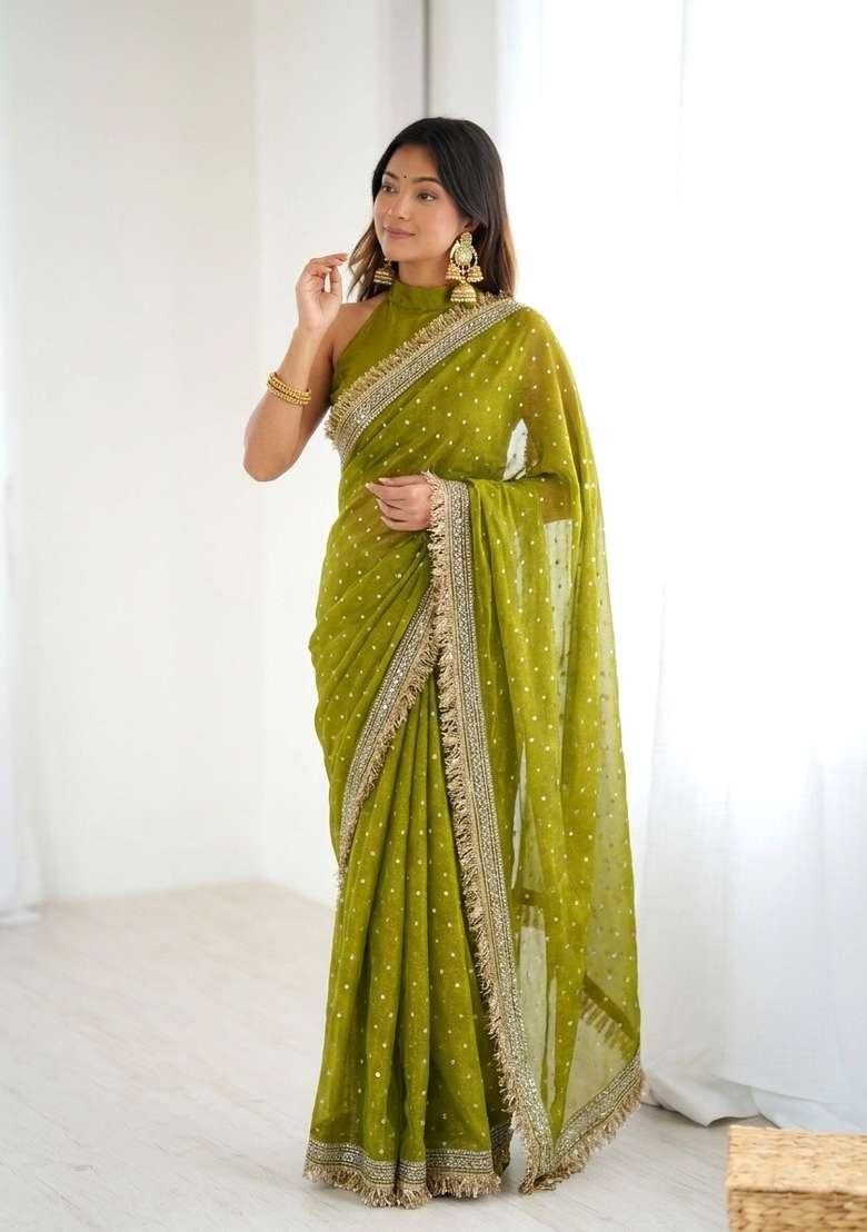 Olive Green Lace Border Silk Saree Set for Diwali and Festive Wear - Indya