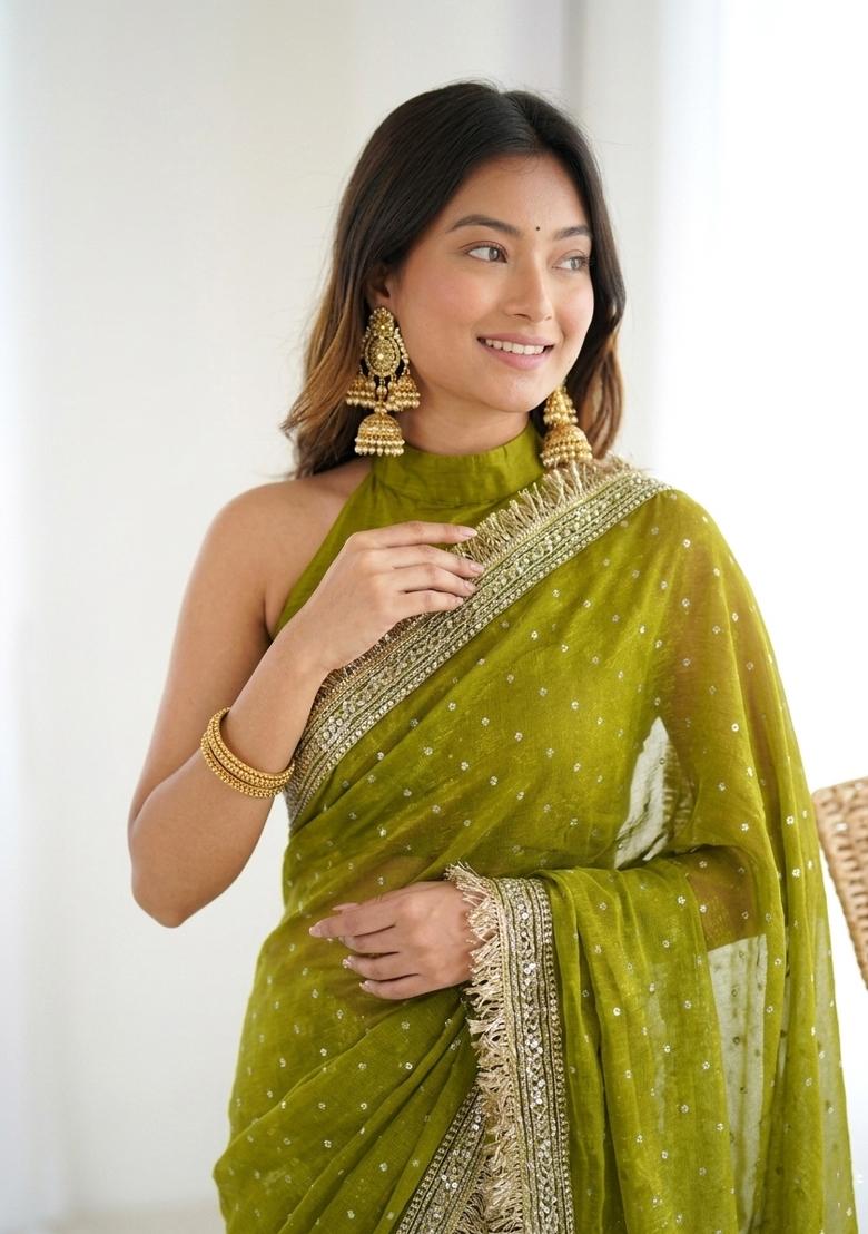 Olive Green Lace Border Silk Saree Set - Indya