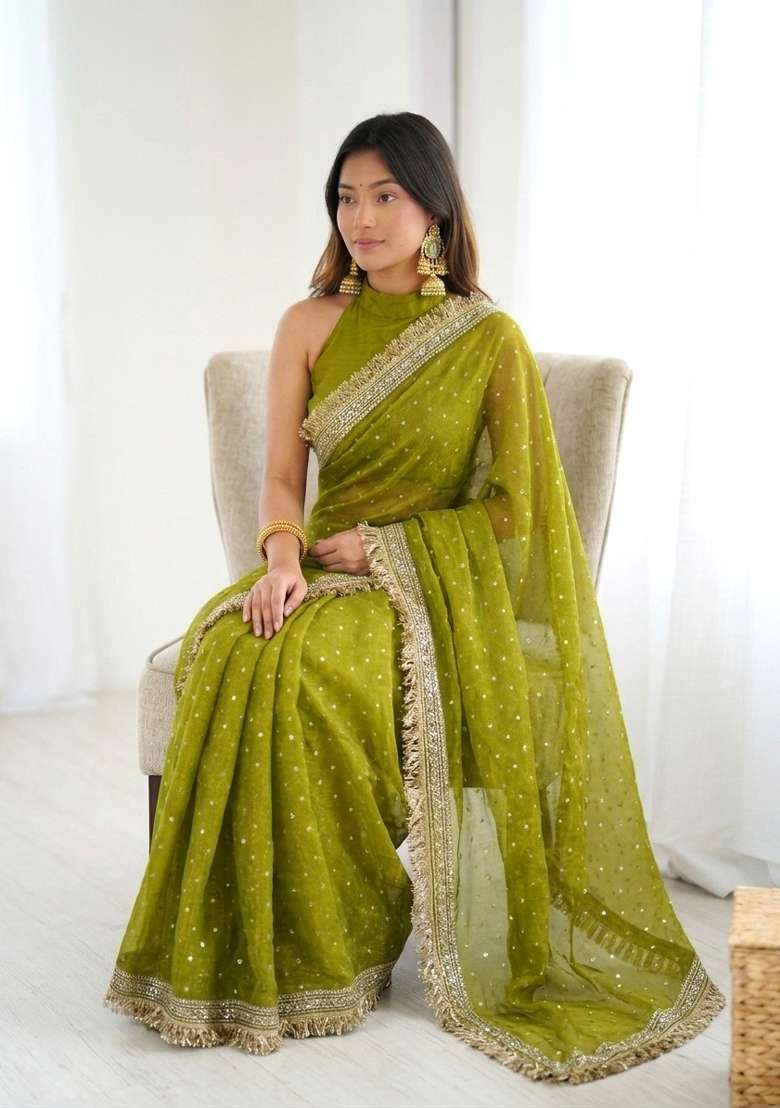Olive Green Lace Border Silk Saree Set for Diwali and Festive Wear - Indya