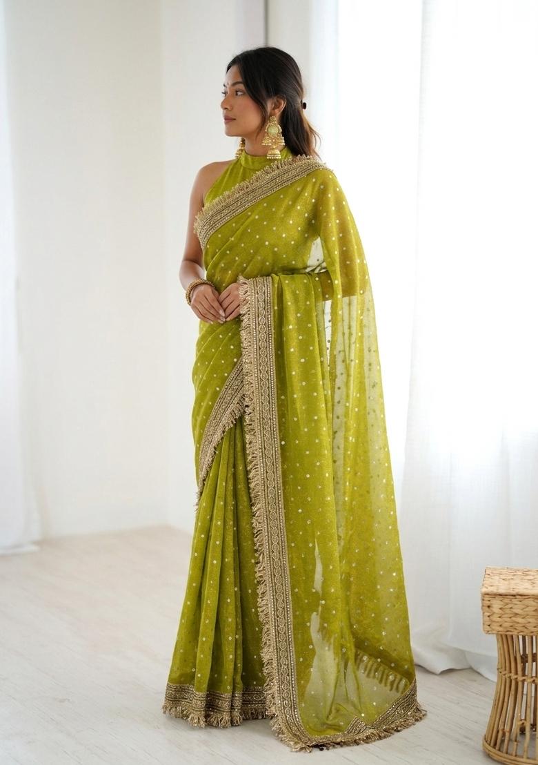 Olive Green Lace Border Silk Saree Set - Indya