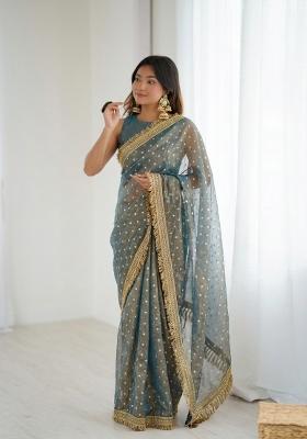 Teal Blue Lace Border Silk Saree Set