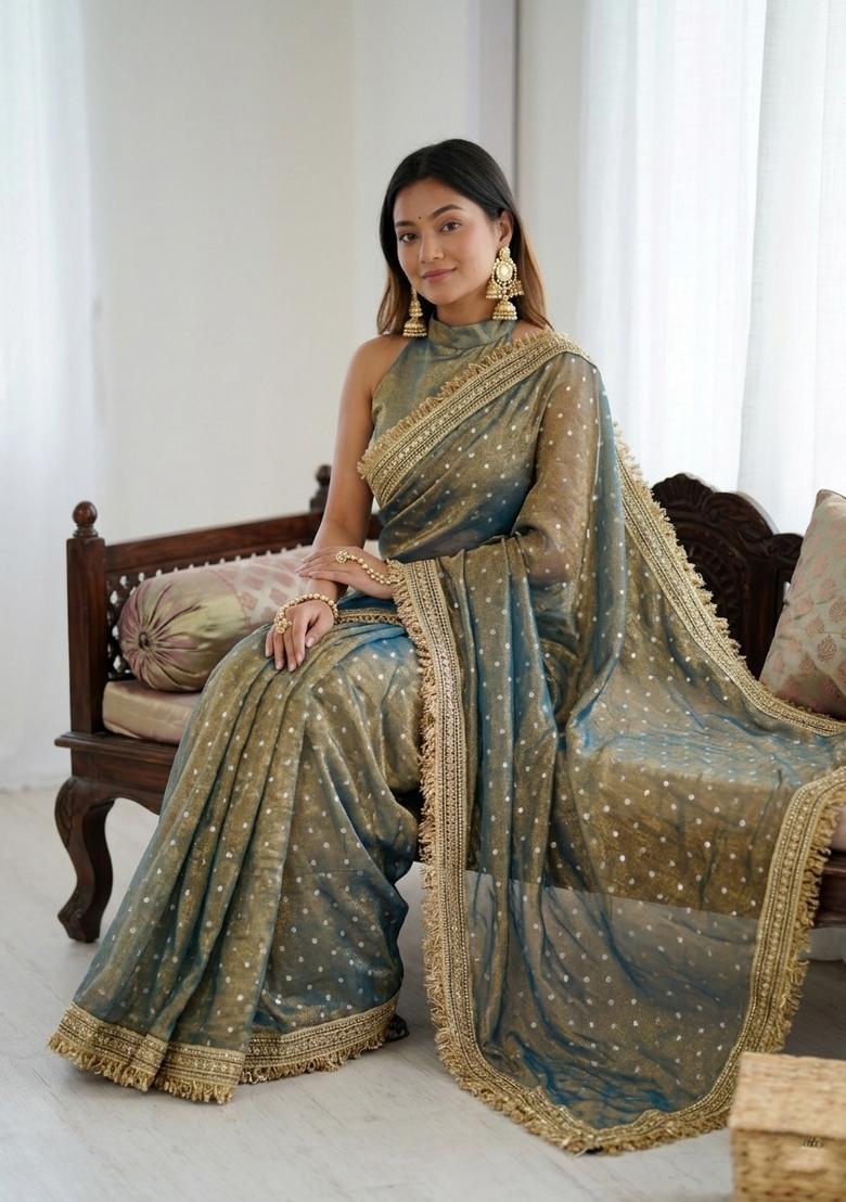 Teal Blue Lace Border Silk Saree Set - Indya