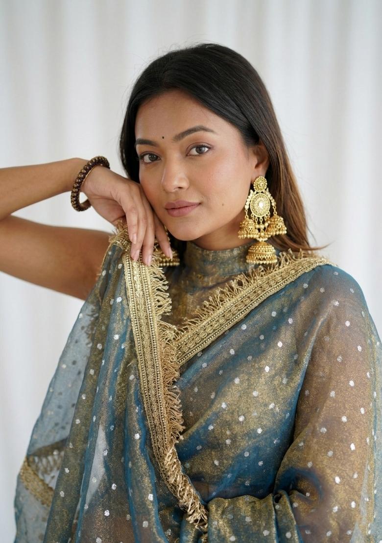 Teal Blue Lace Border Silk Saree Set - Indya