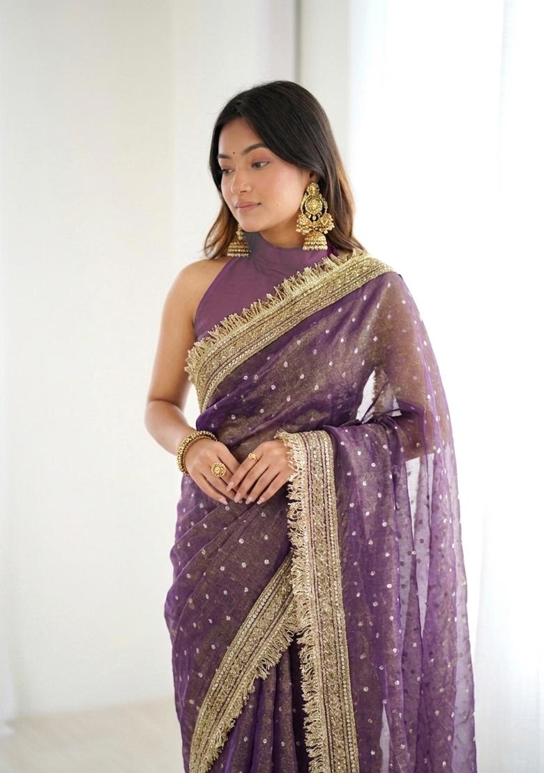 Lavender Lace Border Silk Saree Set - Indya