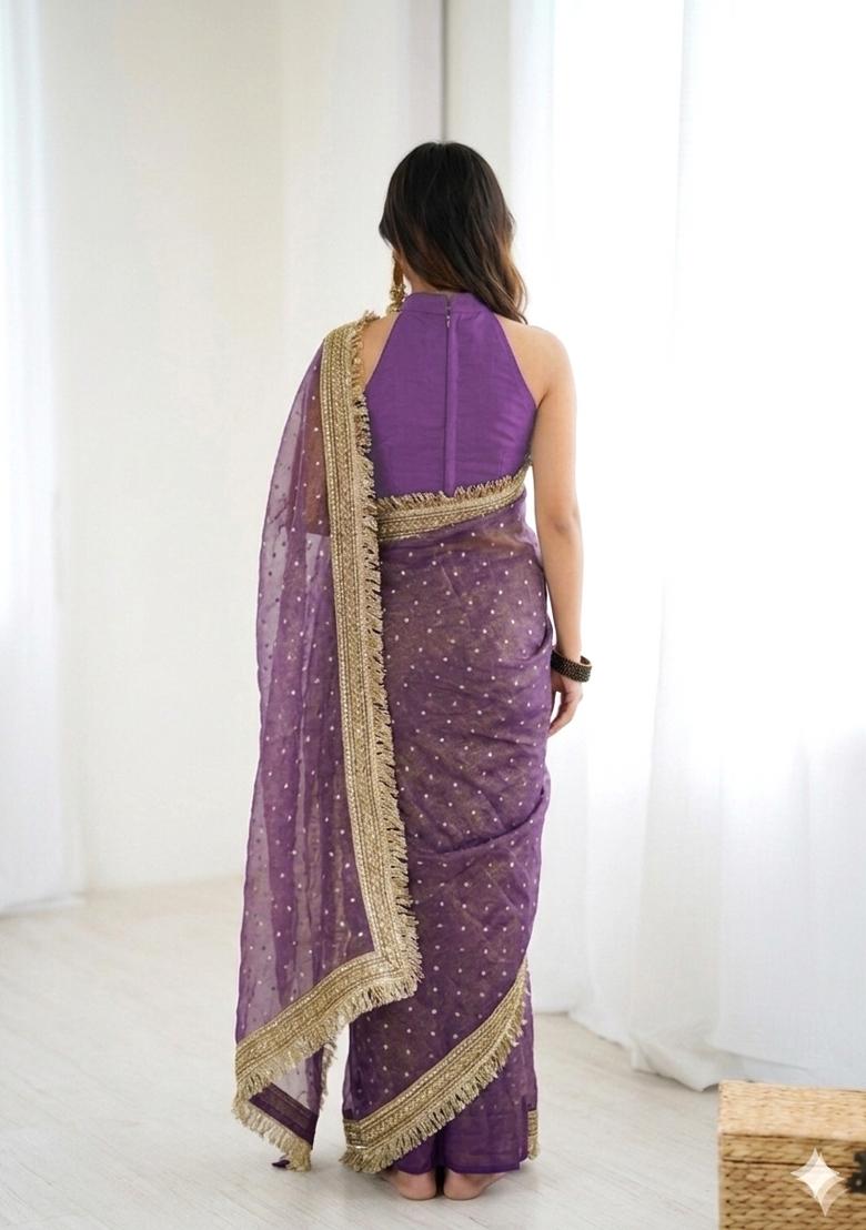 Lavender Lace Border Silk Saree Set - Indya
