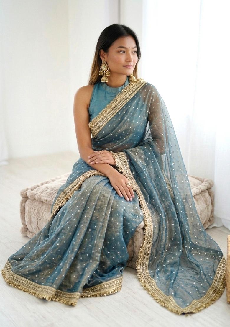 Sea Green Lace Border Silk Saree Set - Indya