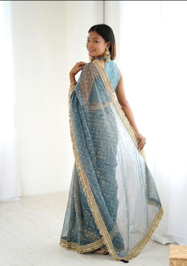 Sea Green Lace Border Silk Saree Set - Indya