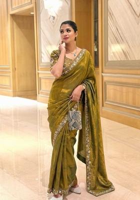 Green Beads Work Fendi Saree Set