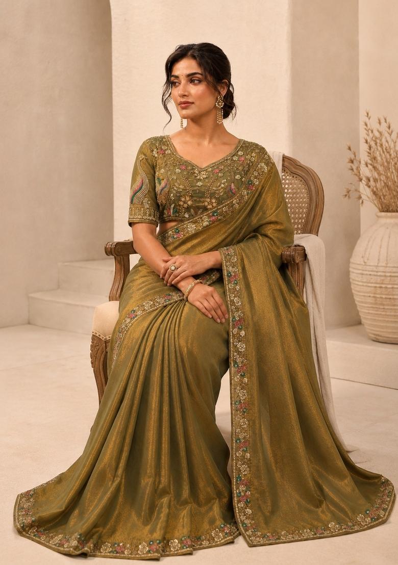 Green Beads Work Fendi Saree Set - Indya