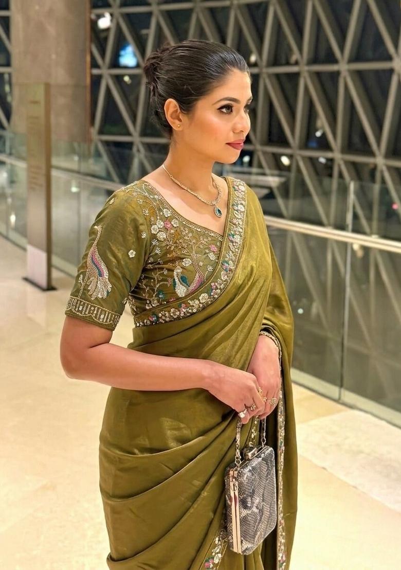 Green Beads Work Fendi Saree Set - Indya
