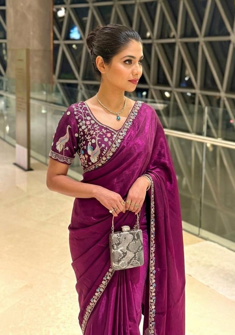 Purple Beads Work Fendi Saree Set - Indya