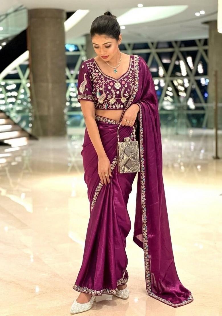 Purple Beads Work Fendi Saree Set - Indya