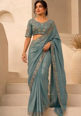 Blue Beads Work Fendi Saree Set