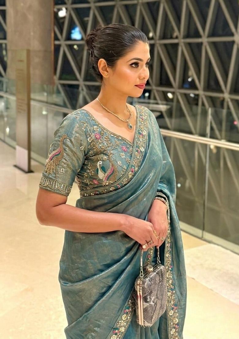 Blue Beads Work Fendi Saree Set - Indya