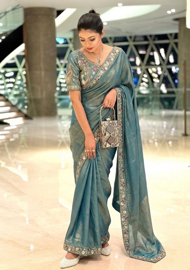 Blue Beads Work Fendi Saree Set - Indya
