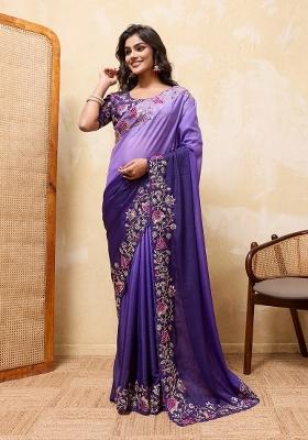 Purple Embroidered Georgette Saree Set