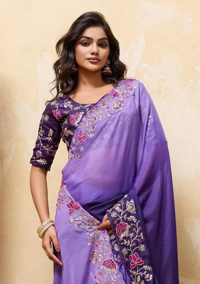 Purple Embroidered Georgette Saree Set - Indya