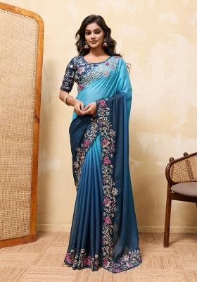 Blue Embroidered Georgette Saree Set