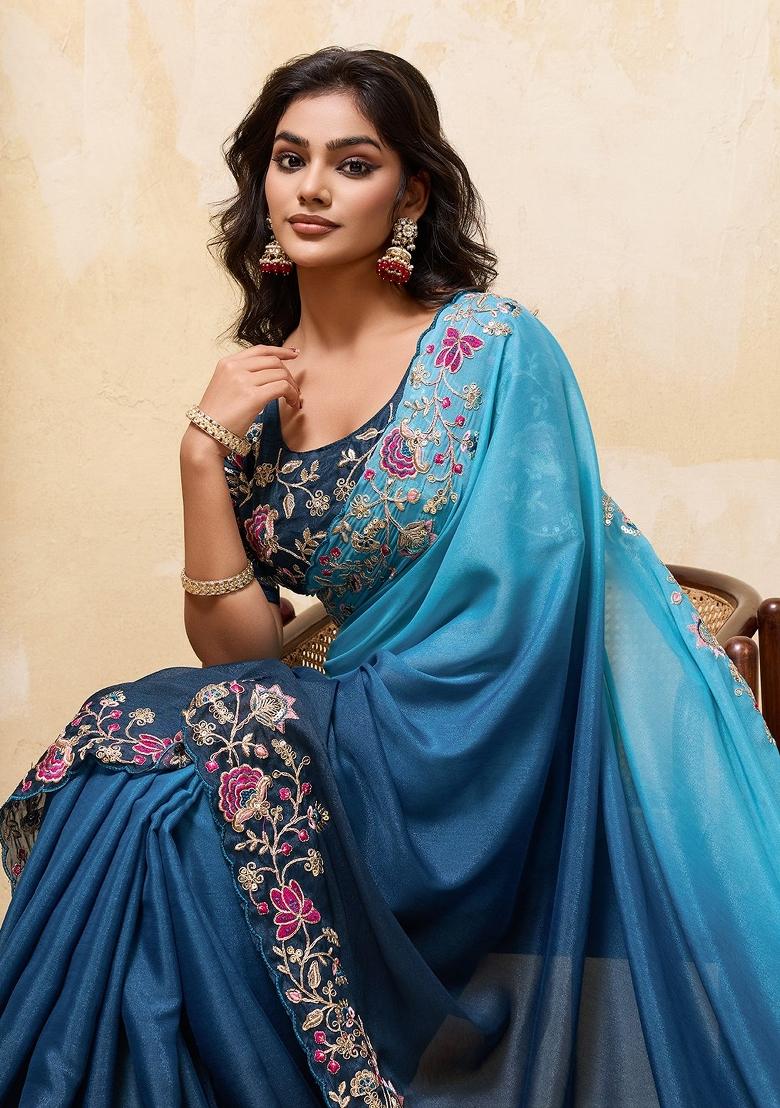 Blue Embroidered Georgette Saree Set - Indya