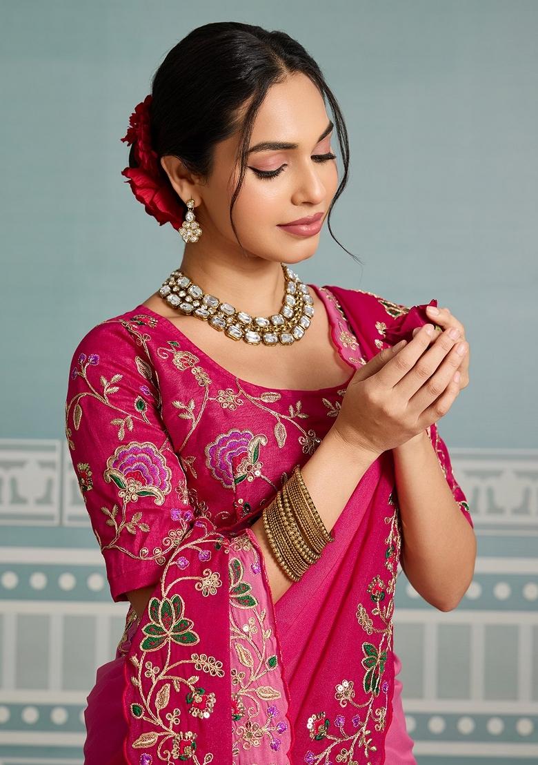 Pink Embroidered Georgette Saree Set - Indya
