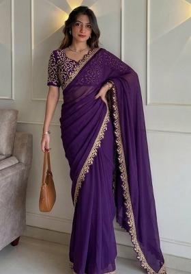 Blue Embroidered Silk Saree Set