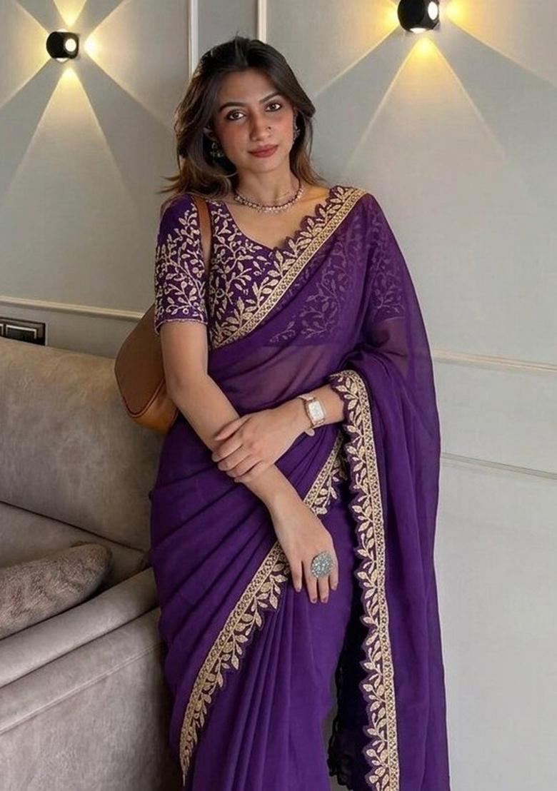Blue Embroidered Silk Saree Set - Indya