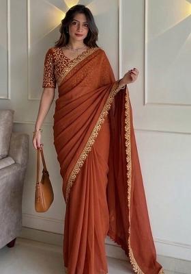 Orange Embroidered Silk Saree Set