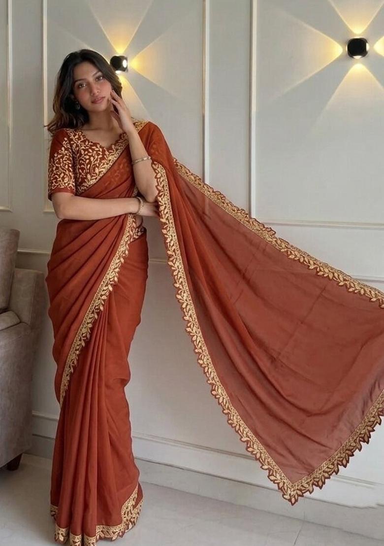 Orange Embroidered Silk Saree Set - Indya