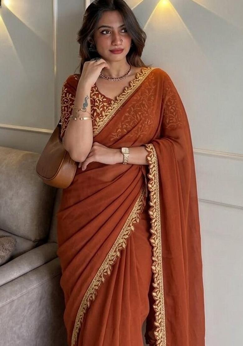 Orange Embroidered Silk Saree Set - Indya