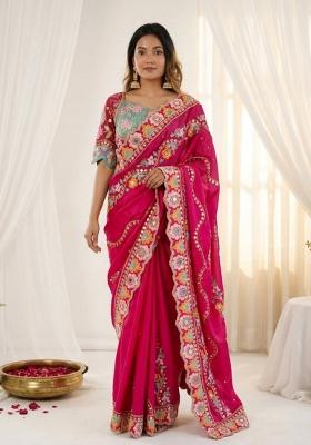 Pink Embroidered Silk Saree Set