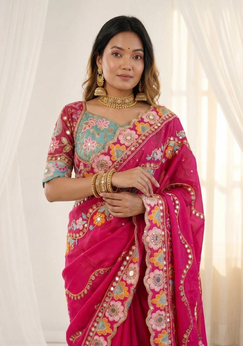 Pink Embroidered Silk Saree Set - Indya