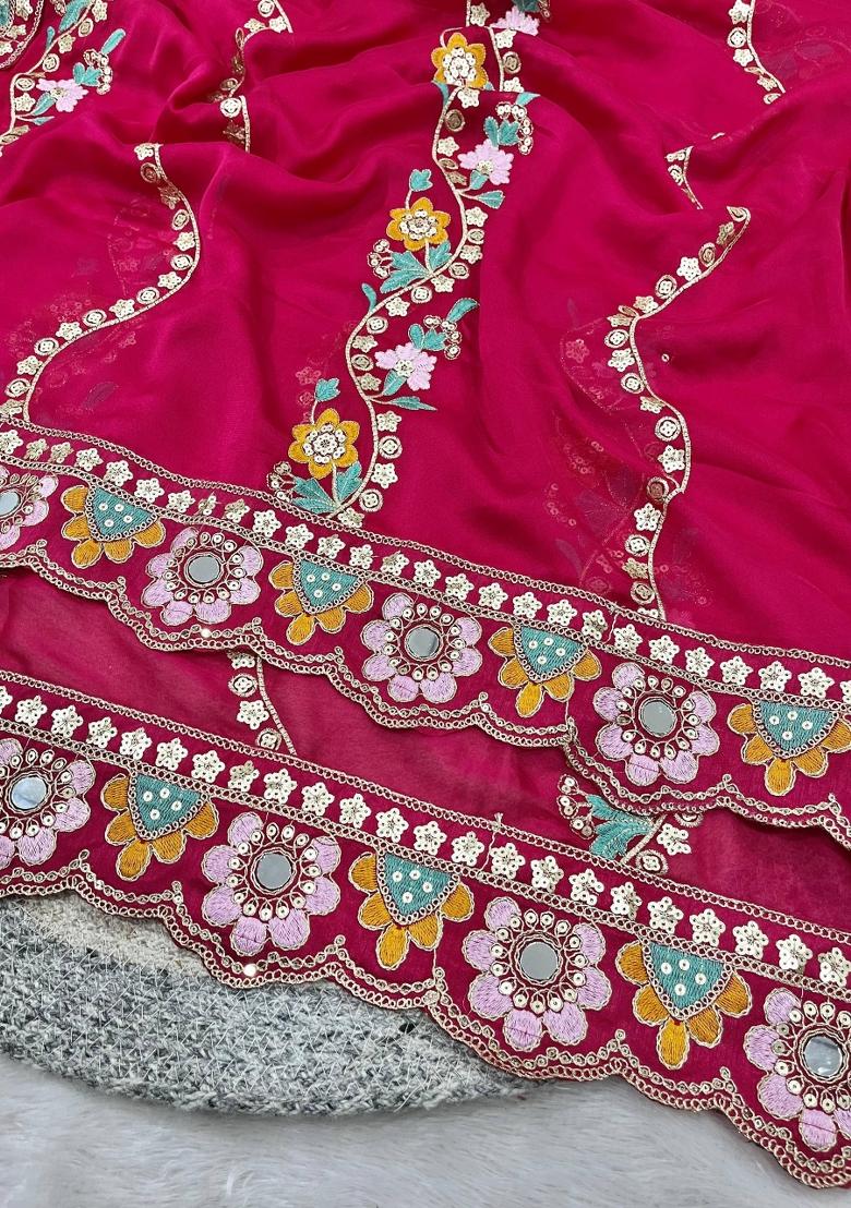 Pink Embroidered Silk Saree Set - Indya