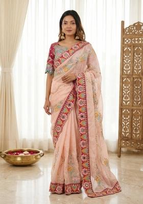 Peach Embroidered Silk Saree Set