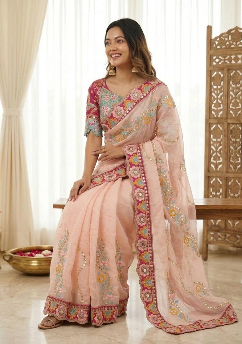 Peach Embroidered Silk Saree Set - Indya