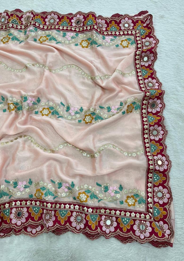 Peach Embroidered Silk Saree Set - Indya