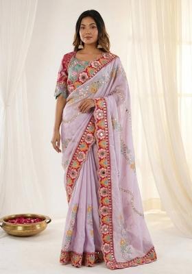 Lavender Embroidered Silk Saree Set