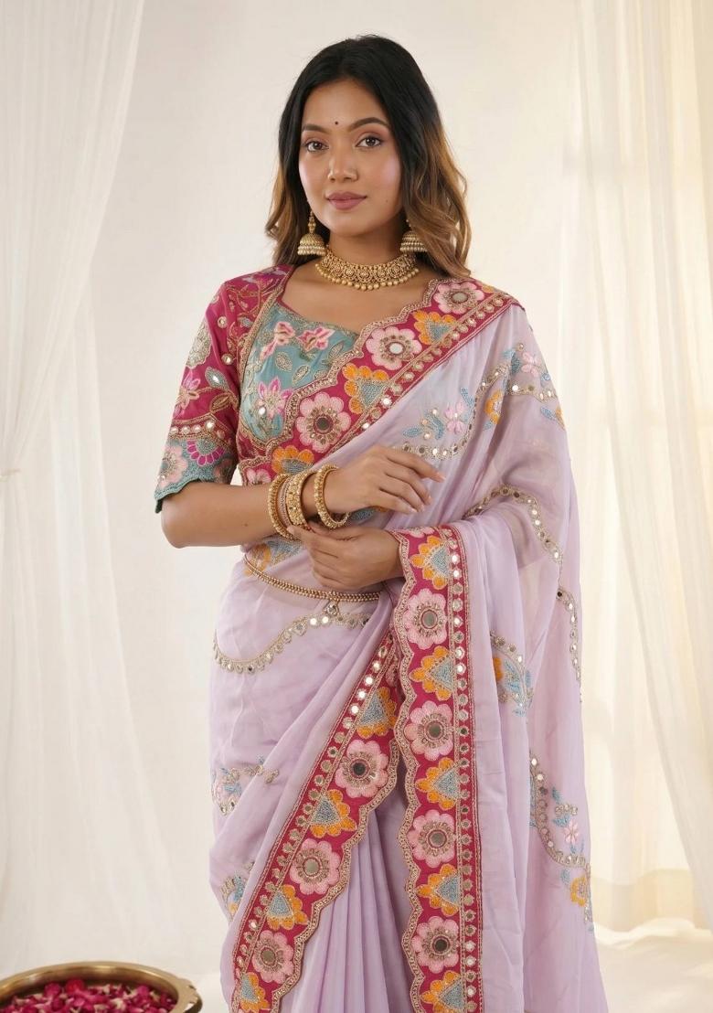 Lavender Embroidered Silk Saree Set - Indya