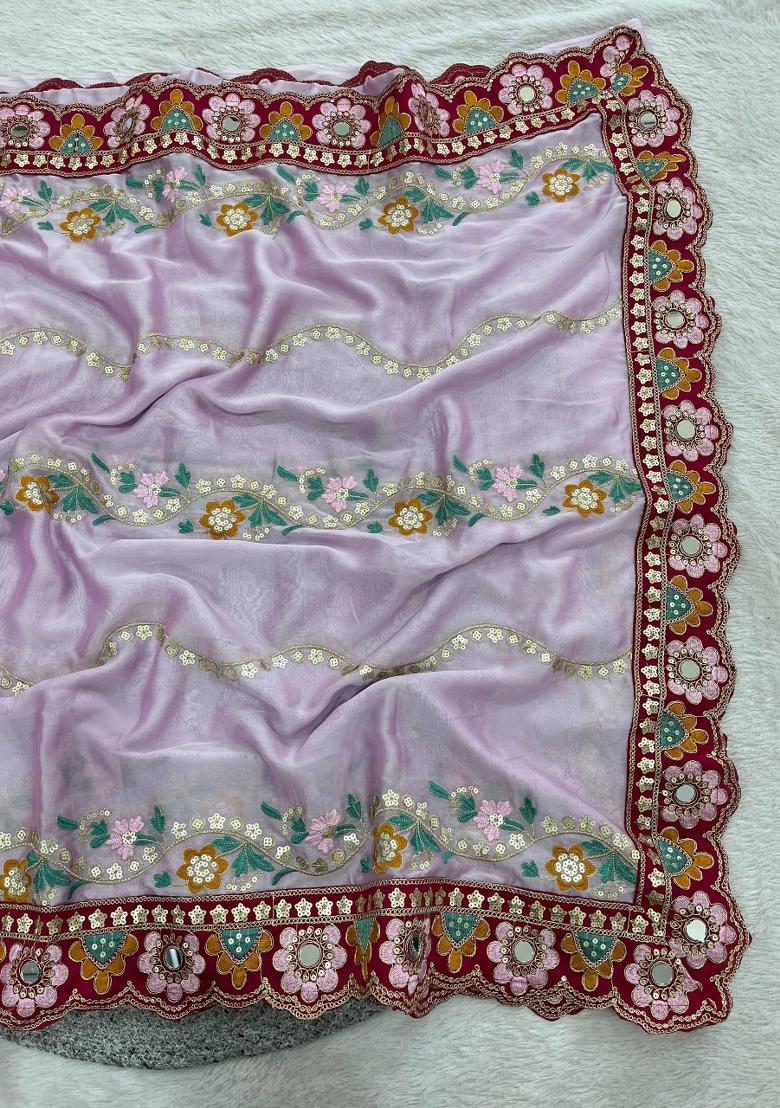 Lavender Embroidered Silk Saree Set - Indya