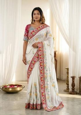White Embroidered Silk Saree Set