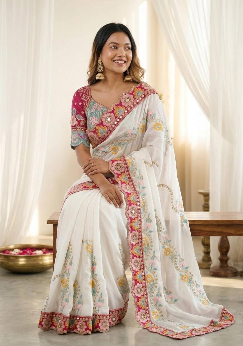 White Embroidered Silk Saree Set - Indya