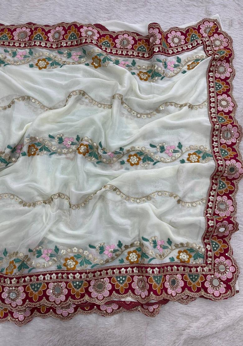 White Embroidered Silk Saree Set - Indya