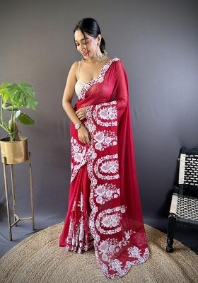 Red Embroidery Silk Saree Set