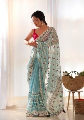 Sky Blue Embroidery Net Saree Set
